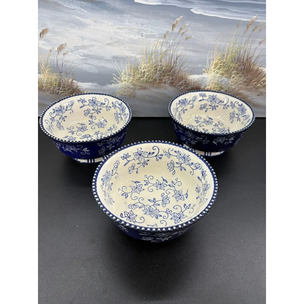 Temp-tations Floral Lace Cobalt Blue White Ceramic Footed Bowls Set of 3 6 inch